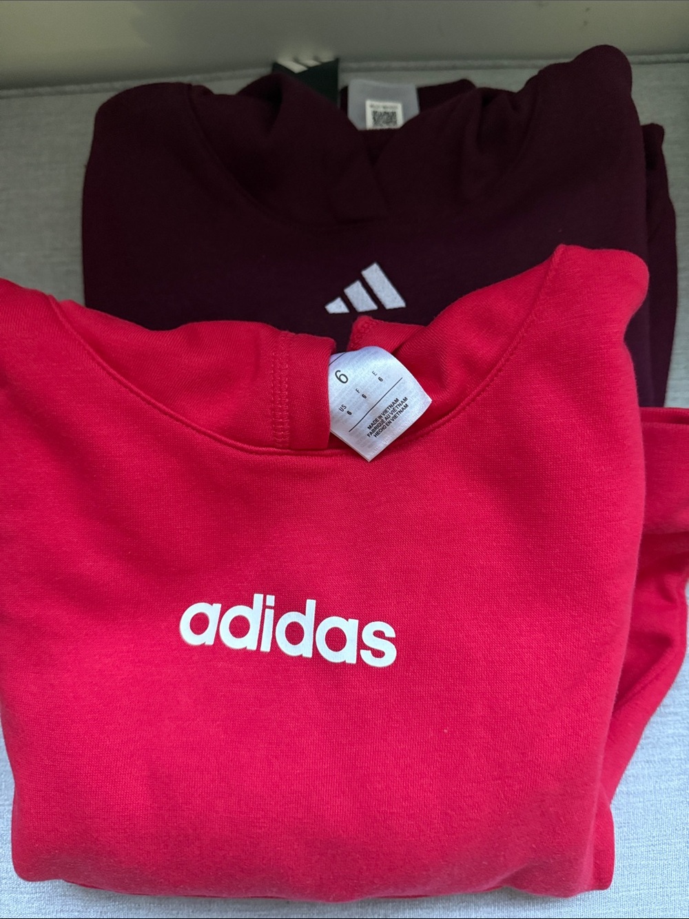 Lot of 2 kids size 6 adidas Red and Maroon Logo Hoodies